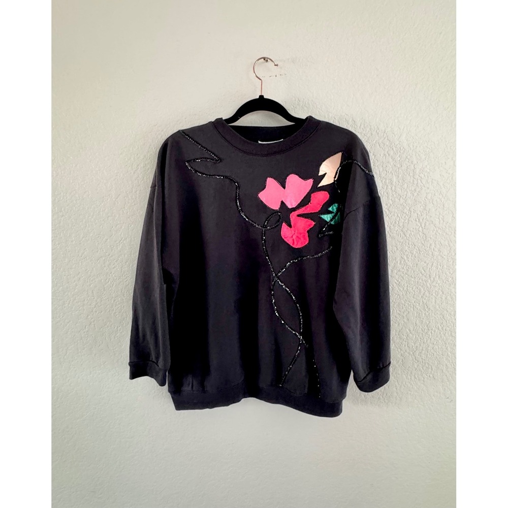 Cherry Hill Sweatshirt Floral Applique Sequin Black Vintage 80s 90s Pullover 12